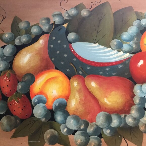 VTG Hand Painted Tin Serving Tray Fruit Grapes Bird Signed Joan 22" x 16" Heavy - Picture 5 of 7